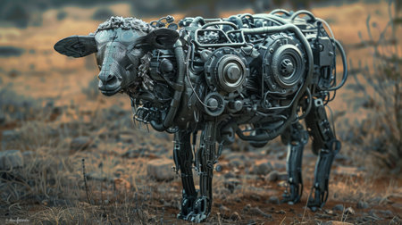 A cow made of metal and wires standing in a field, AIの素材