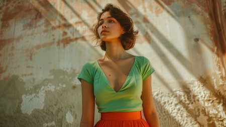 A woman in a green top and orange skirt standing against the wall, AIの素材