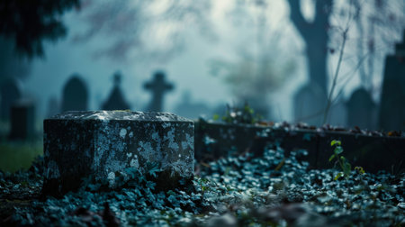 A stone tombstone in a cemetery with some leaves on it, AIの素材