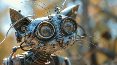 A close up of a cat wearing goggles and some sort of metal suit, AIの素材