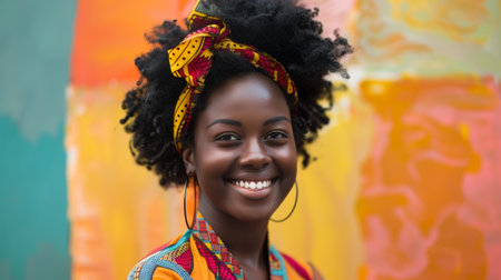 A woman with a big smile and colorful background, AIの素材