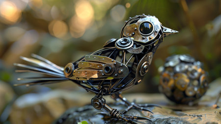 A bird made of metal parts is sitting on a rock, AIの素材