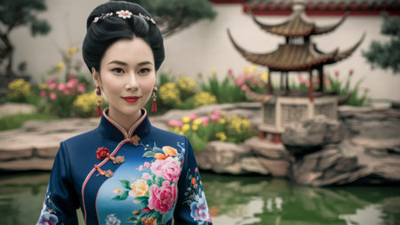 A woman in oriental dress standing next to a pond, AIの素材
