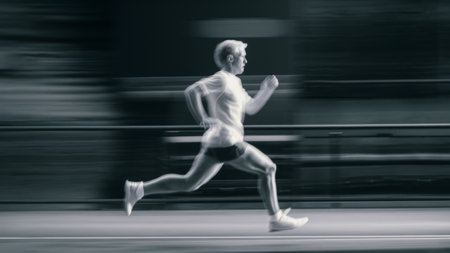 A man running in a blur on the street with his shirt off, AIの素材