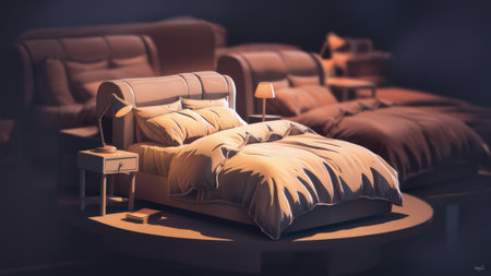 A bed with a lamp and nightstands on the side of it, AIの素材