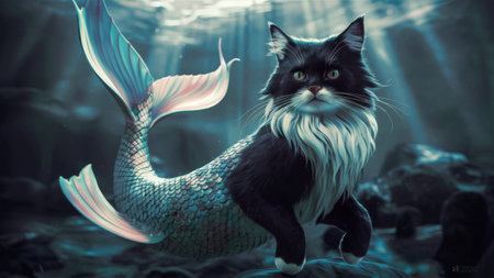 A black and white cat sitting on top of a rock, AIの素材