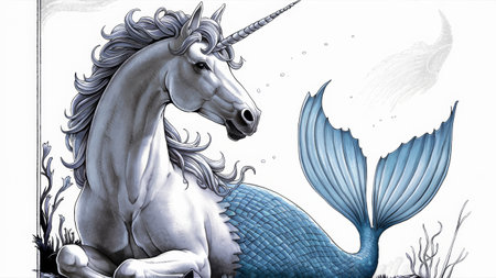 A drawing of a unicorn with blue tail and fins sitting on the ground, AIの素材