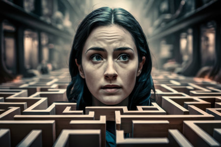 A woman looking at the camera in a maze of boxes, AIの素材