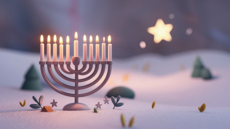 A menorah with candles lit in the snow and a star, AIの素材