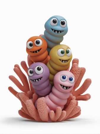 A group of small colorful toys sitting on top of a coral, AIの素材