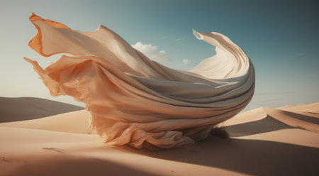 A large white cloth is blowing in the wind on a desert, AIの素材