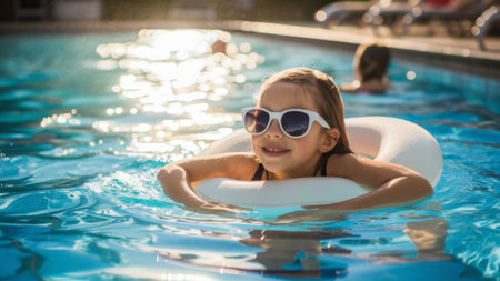 A little girl in a swimming pool wearing sunglasses and an inflatable ring, AIの素材