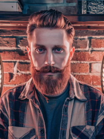 A man with a beard and mustache in front of brick wall, AIの素材