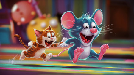 Two cartoon mice running together on a colorful background, AIの素材
