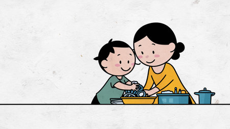 A cartoon drawing of a mother and son washing dishes, AIの素材