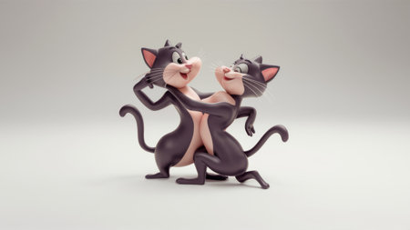 Two cartoon cats dancing together on a gray background, AIの素材