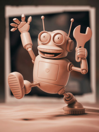 A robot holding a wrench in front of an old photo, AIの素材
