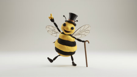 A bee with top hat and cane standing on a white background, AIの素材