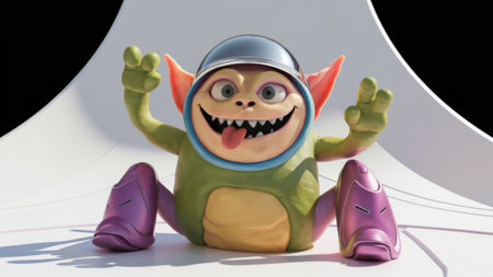 A toy monster with a helmet and purple outfit sitting on top of something, AIの素材