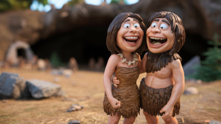 Two cartoon characters are standing next to each other in a cave, AIの素材