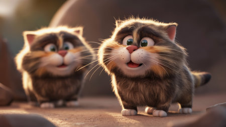 Two animated cats standing next to each other on a dirt road, AIの素材