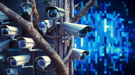 A bunch of security cameras are on a tree in front of blue background, AIの素材