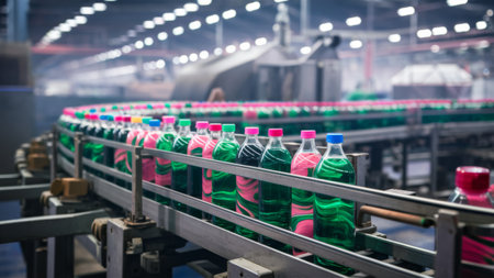 A conveyor belt with bottles of different colors and flavors, AIの素材
