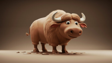 A cartoon bull standing on a brown background with some rocks, AIの素材