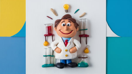 A man in a lab coat with beakers and test tubes, AIの素材