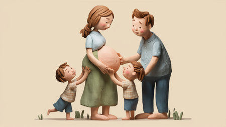 A family of three people standing around a pregnant woman, AIの素材