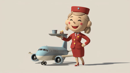A cartoon character of a stewardess holding tray with food and an airplane, AIの素材
