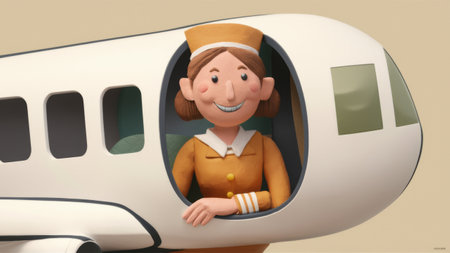 A cartoon character of a flight attendant in an airplane, AIの素材