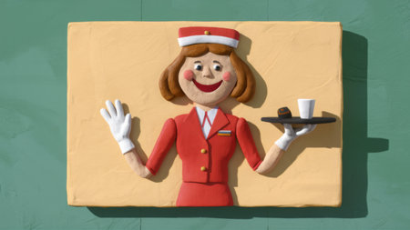 A cartoon of a woman in uniform holding up her tray, AIの素材