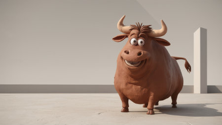 A cartoon bull with large horns standing in a white room, AIの素材