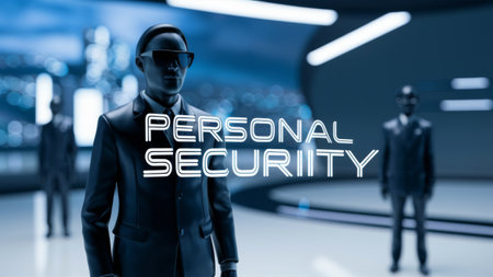 A man in a suit standing next to two other men with the words personal security, AIの素材