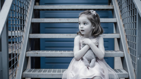 A little girl sitting on a set of stairs holding her teddy bear, AIの素材