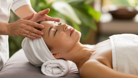 A woman getting a head massage in the spa, AIの素材
