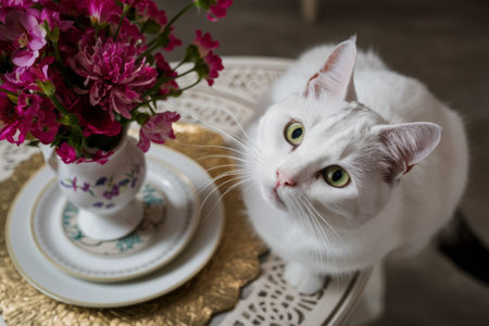 A white cat sitting on a table next to some flowers, AIの素材