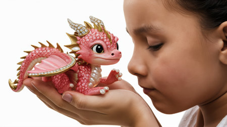 A young girl holding a pink and gold dragon figurine, AIの素材