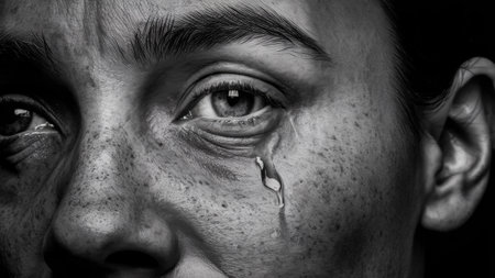 A close up of a womans face with tears streaming down her cheeks, AIの素材