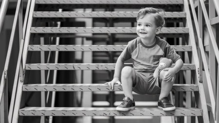 A young boy sitting on a set of stairs holding his teddy bear, AIの素材