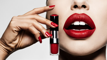 A woman with red lipstick and a bright red lip gloss, AIの素材