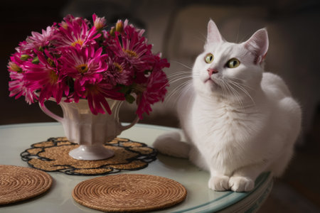 A white cat sitting on a table next to vase of flowers, AIの素材