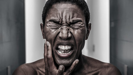 A man with a black shirt and no teeth holding his face, AIの素材