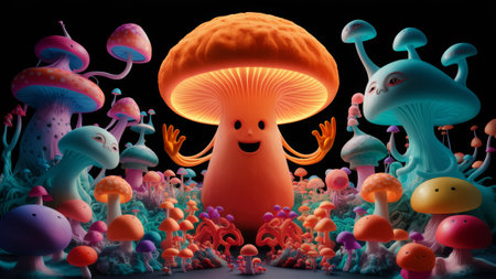 A large mushroom with a face and arms is surrounded by many other mushrooms, AIの素材