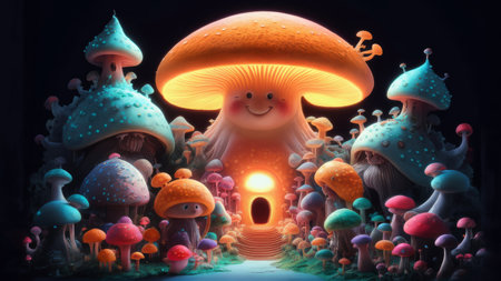 A mushroom house with a smiling face in the middle of it, AIの素材