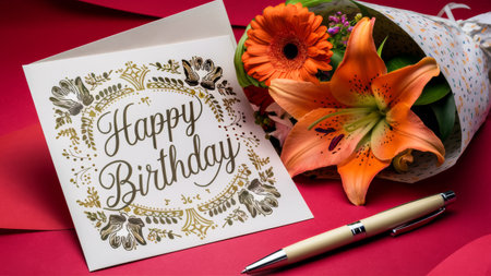 A card with a pen and flowers on it next to an orange birthday greeting, AIの素材