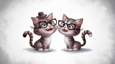 Two cartoon cats with glasses and hats are looking at each other, AIの素材