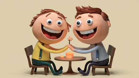 Two cartoon characters sitting at a table with one holding the flower, AIの素材