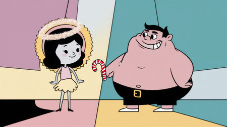 A cartoon character with a candy cane and another person, AIの素材